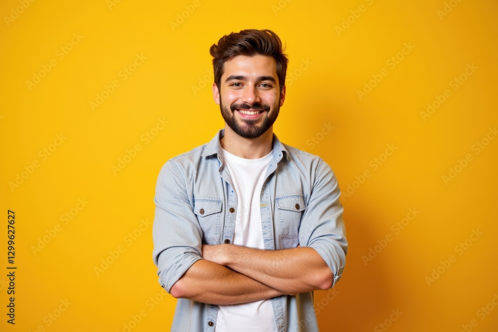 Cheerful Young Man with Beard and Short Brown Hair Standing Against a Bright Yellow Background, Arms Crossed, Smiling and Exuding Positivity Cheerful Young Man with Beard and Short Brown Hair Standing Against a Bright Yellow Background, Arms Crossed, Smiling and Exuding Positivity