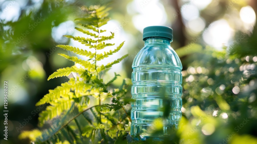 Close-up view of a reusable water bottle nestled among vibrant greenery in a serene natural setting Close-up view of a reusable water bottle nestled among vibrant greenery in a serene natural setting