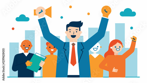 Success Celebration The consultant celebrates a successful transition with a business team all holding charts that indicate positive subscription growth metrics.