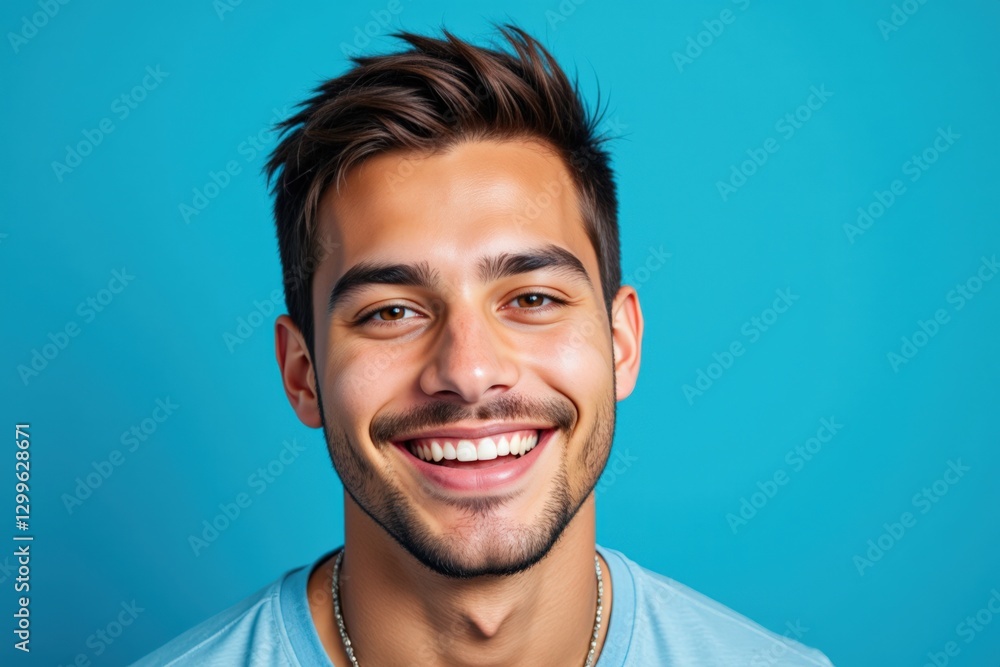Fototapeta premium Smiling Young Adult Male with Short Brown Hair in a Light Blue T-Shirt Against a Vibrant Blue Background Expressing Happiness
