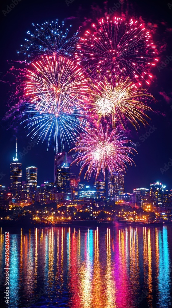 Fototapeta premium Festive fireworks explode over city skyline
