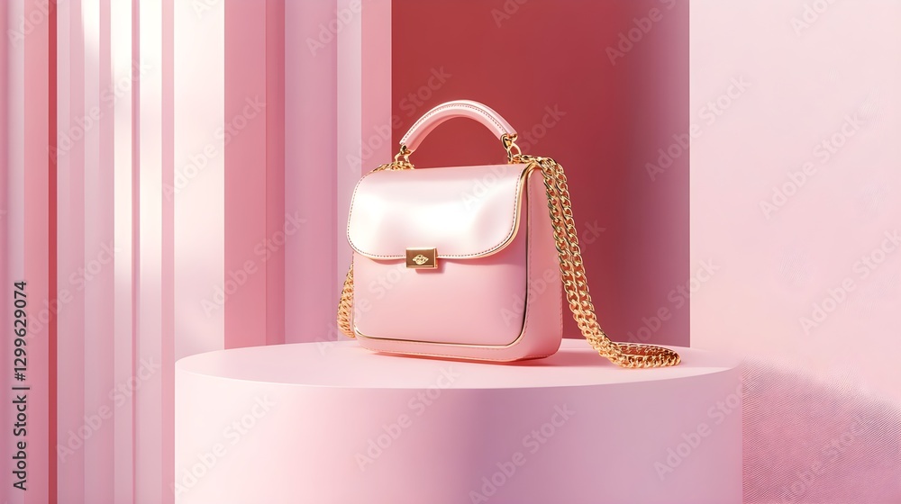 Chic Pink Handbag Styled Elegantly on Soft Pink Columns in Bright Studio Setup Chic Pink Handbag Styled Elegantly on Soft Pink Columns in Bright Studio Setup