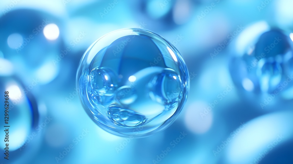 Close-Up of Transparent Blue Bubbles Floating in Water in Soft Lighting Close-Up of Transparent Blue Bubbles Floating in Water in Soft Lighting
