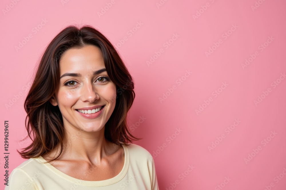 Smiling Young Woman with Dark Brown Hair Posing Against a Soft Pink Background, Radiating Confidence and Positivity Smiling Young Woman with Dark Brown Hair Posing Against a Soft Pink Background, Radiating Confidence and Positivity