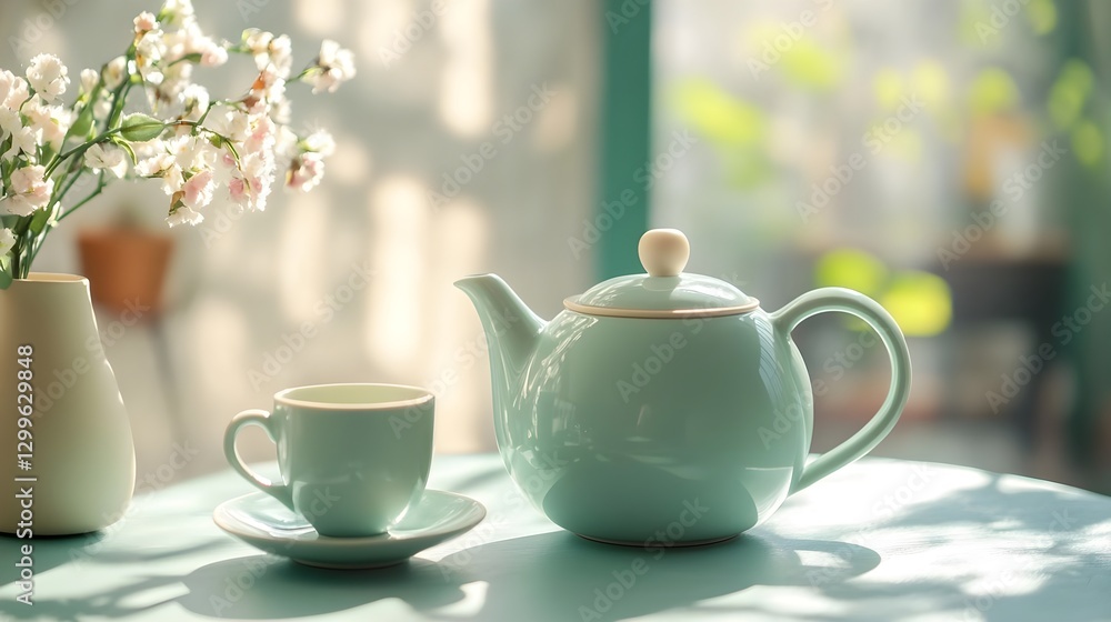 Serene Tea Moment: Mint Teapot and Cup on Sunny Table with Fresh Flowers Serene Tea Moment: Mint Teapot and Cup on Sunny Table with Fresh Flowers