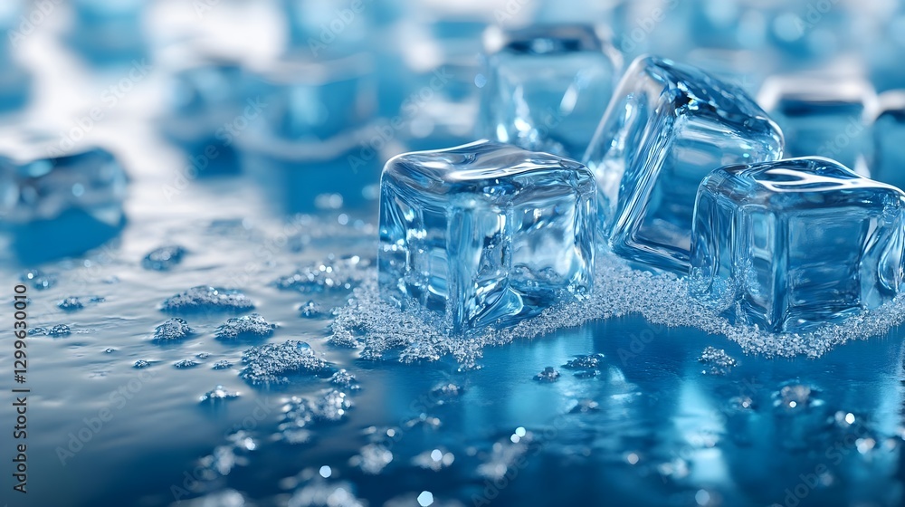 Close-Up of Crystal Clear Ice Cubes on Wet Surface with Bubbles and Reflections