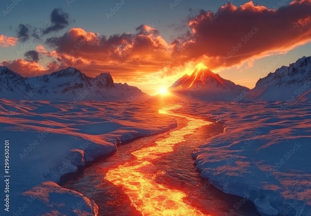 Fototapeta premium Sunset Over Flowing Lava River