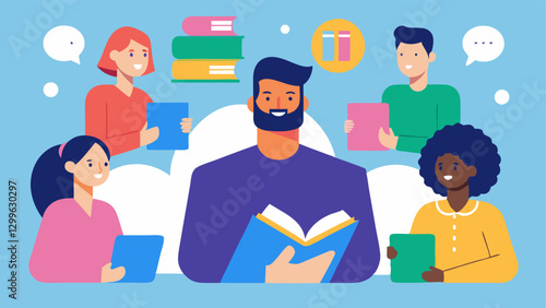 Shared Interests Group A depiction of a themed virtual meetup showing team members engaged in a discussion about a common interest such as books or movies.