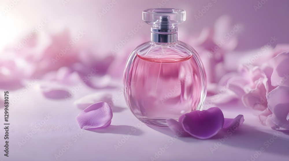 Elegant Perfume Bottle Surrounded by Pink Petals in Serene Atmosphere Elegant Perfume Bottle Surrounded by Pink Petals in Serene Atmosphere