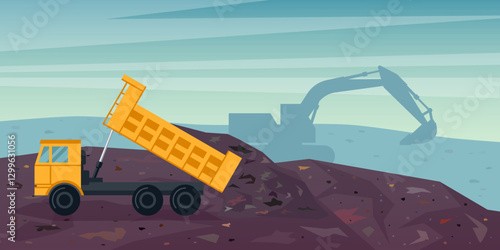 Dump truck unloading ground or trash. Earthworks concept on construction site or landfill. Flat landscape vector. Cartoon yellow dumpster with raised tipper body pouring garbage, soil, clay.