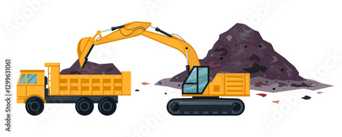 Excavator loading dump truck with garbage or ground. Construction site, mining quarry or landfill with yellow heavy machinery. Earthworks concept. Flat or cartoon isolated vector. Industrial design.