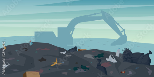 Landfill full of garbage. Huge trash pile with organic, plastic, glass, paper waste. Environmental flat or cartoon vector landscape. Polluted city junkyard. Design for environmental graphics.