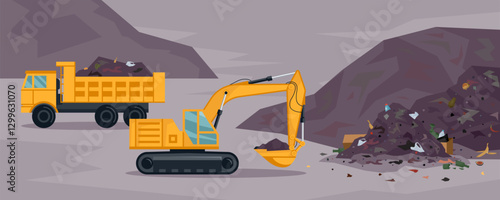 Landfill full of garbage. Excavator grabbing waste and loading it to dump truck. Pile of organic, plastic, glass, paper trash. Environmental flat or cartoon vector landscape. Polluted city junkyard.