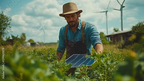 Farmer Inspects Solar Panel in Field