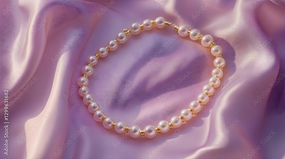 Elegant Pearl Necklace Displayed on Soft Lavender Satin Fabric in Natural Light Elegant Pearl Necklace Displayed on Soft Lavender Satin Fabric in Natural Light