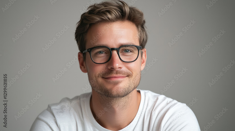 A handsome man with black glasses, smiling and looking at the camera, generative AI A handsome man with black glasses, smiling and looking at the camera, generative AI