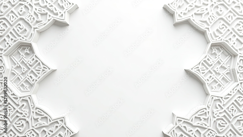 Fototapeta premium Elegant White Paper Cut Islamic Frame with Ornate Geometric Design for Ramadan.