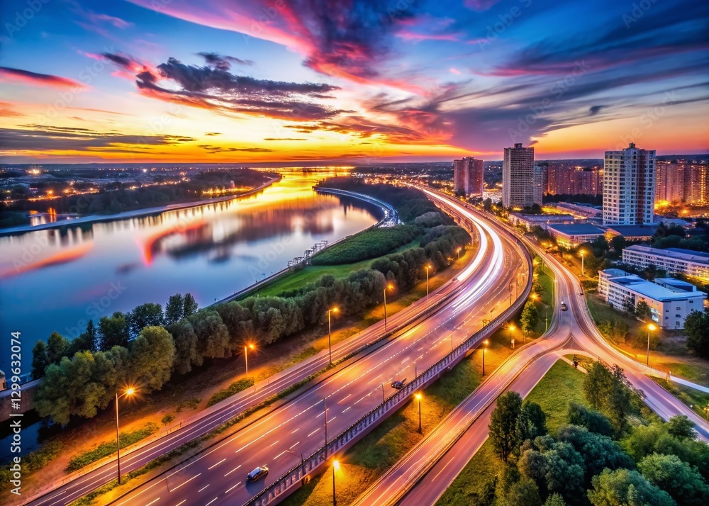 Fototapeta premium Nightfall Timelapse in Naberezhnye Chelny: Kama River Intersection