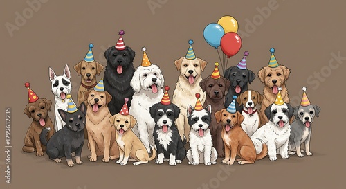 Cartoon Dogs Wearing Party Hats Celebrate Birthday with Balloons Illustration