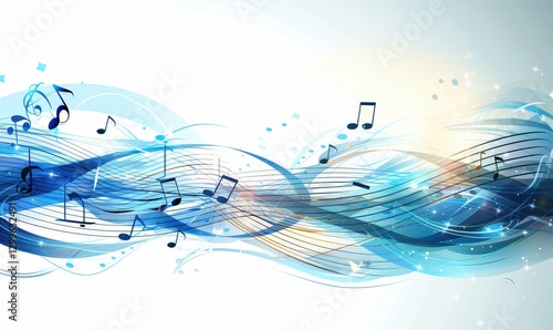 Abstract music notes flowing across the screen, conveying creativity and rhythm, bright background