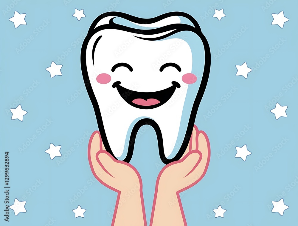 Cute cartoon illustration of a happy tooth with a smiling face, held up by two hands against a blue sky with stars, representing dental care, oral hygiene, and children's dentistry.
Cute cartoon illustration of a happy tooth with a smiling face, held up by two hands against a blue sky with stars, representing dental care, oral hygiene, and children's dentistry.