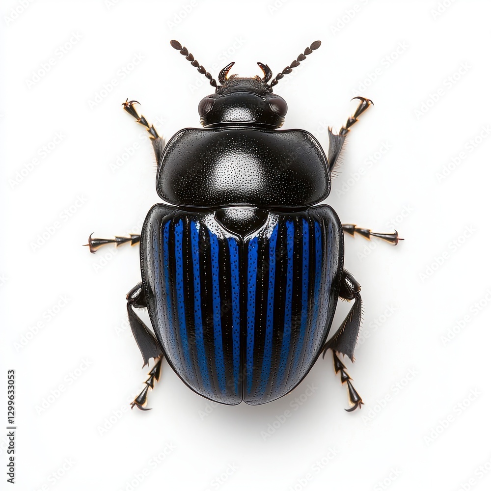 A vibrant black beetle with striking blue stripes, showcasing intricate detailing and a smooth, shiny surface. A vibrant black beetle with striking blue stripes, showcasing intricate detailing and a smooth, shiny surface.