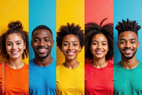 A vibrant group portrait of five young adults, two men and three women, showcasing diverse ethnic backgrounds, smiles, and colorful shirts against a bright backdrop.