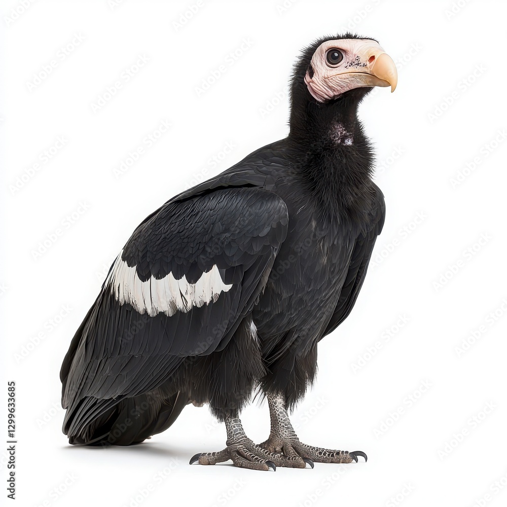 Obraz premium A large black bird with a distinctive bald head and pale beak, showcasing its unique features and posture.