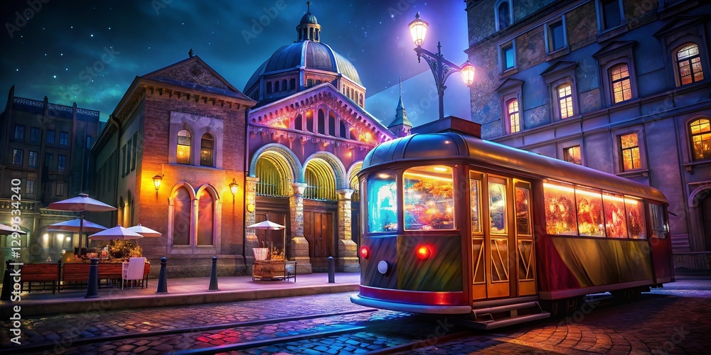 Fototapeta premium Night Scene: Synagogue and Tram, Delicious Street Food