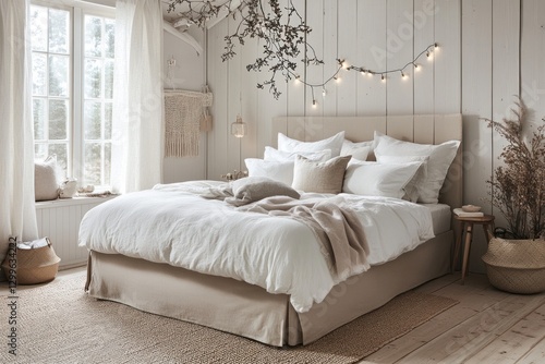 Wallpaper Mural Cozy bedroom with white bedding, beige headboard, and natural decor. Torontodigital.ca