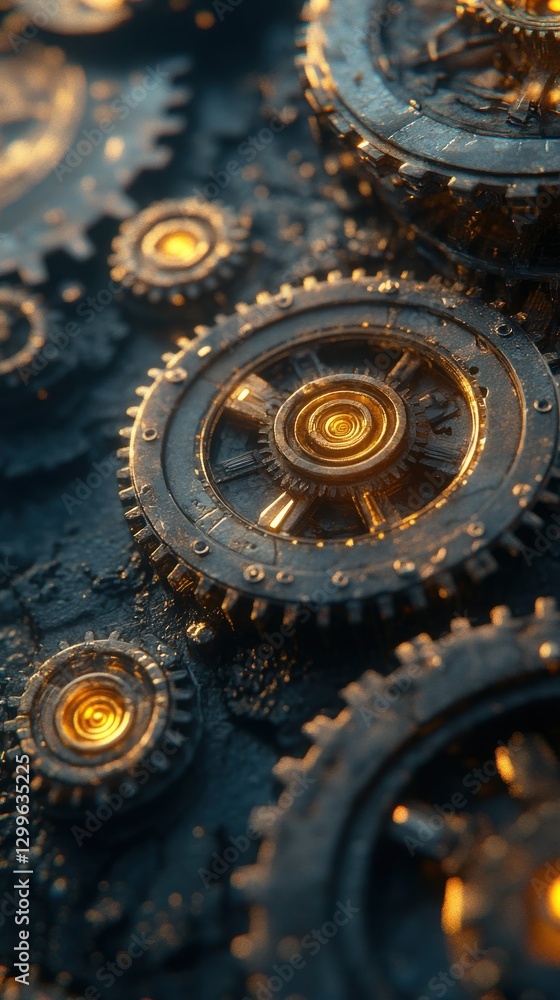 Golden gears meshing, dark background, industrial design Golden gears meshing, dark background, industrial design
