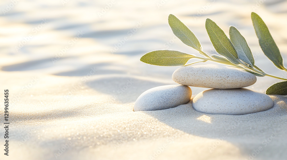 Fototapeta premium Tranquil Harmony A Sage Twig and Smooth Pebble Rocks Resting on Soft Sand with a Serene Botanical Backdrop and Peaceful Natural Atmosphere