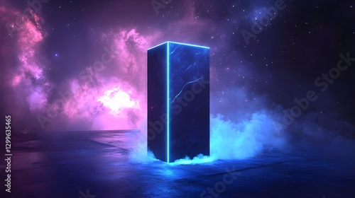 Mysterious Neon Monolith in Cosmic Setting with Ethereal Vapor at Night