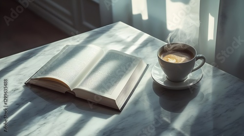 Cozy Morning Vibes: Open Book and Steamy Coffee on a Marble Table