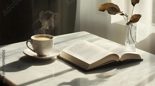 Cozy Morning Scene with Tea and Open Book on Sunlit Table