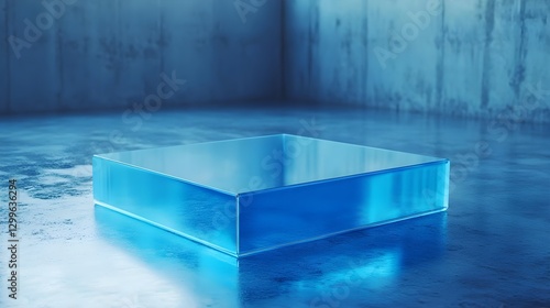 Abstract Blue Acrylic Block in Minimalist Industrial Setting Under Soft Lighting