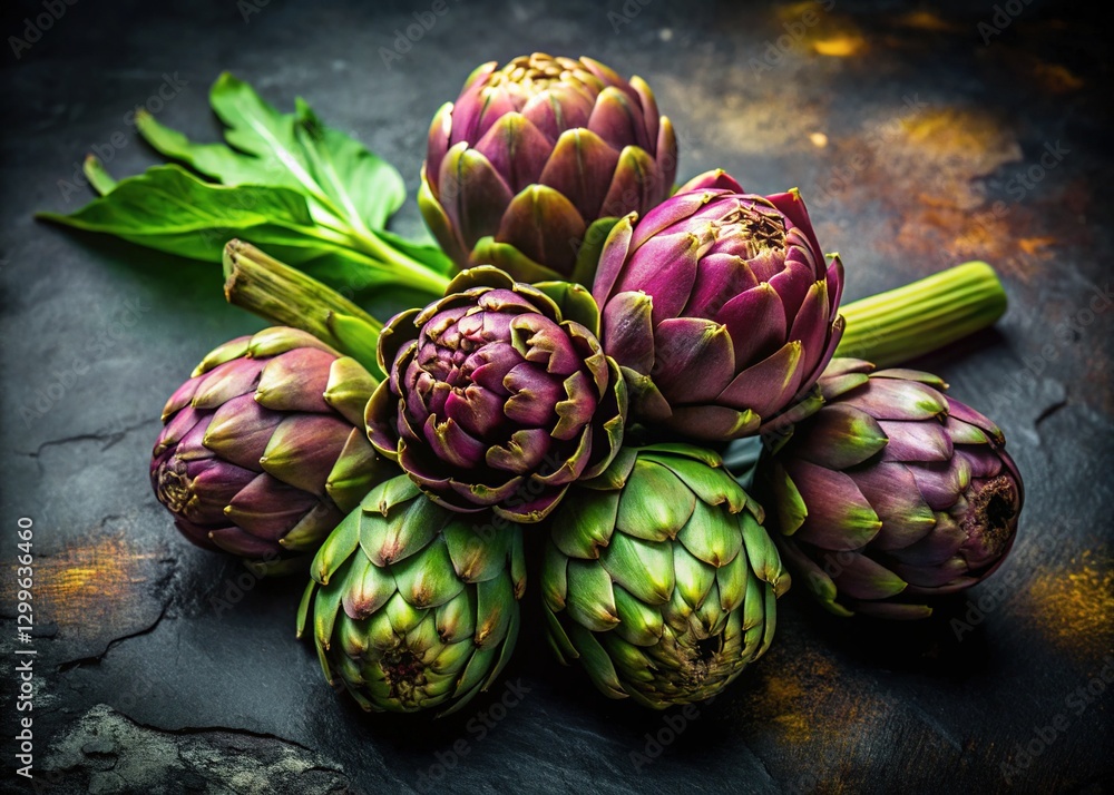 Fototapeta premium Fresh Artichokes on Rustic Metal, Spring Vegetables, Gourmet Food Photography