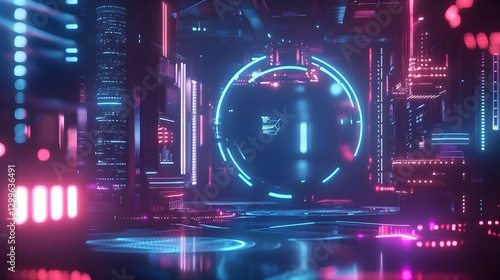 Futuristic Neon Cityscape with Glowing Circuits and Floating Spheres at Night