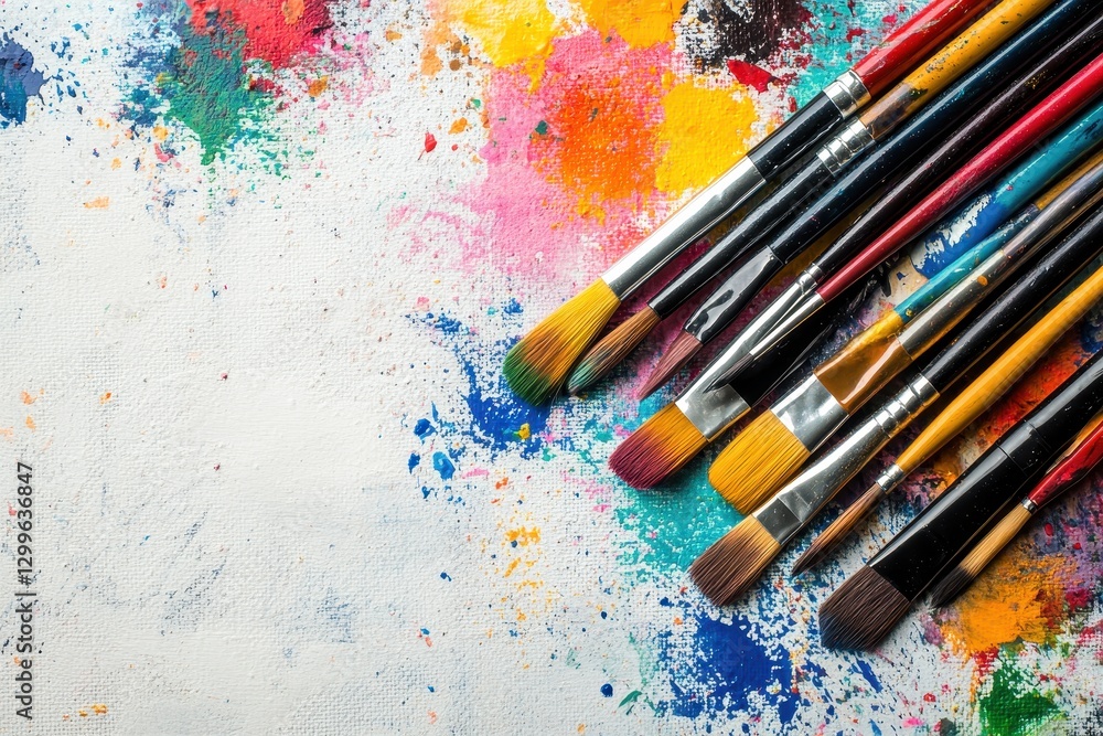 Fototapeta premium Colorful paintbrushes on a vibrant canvas. Ideal for art, creativity, and painting projects.