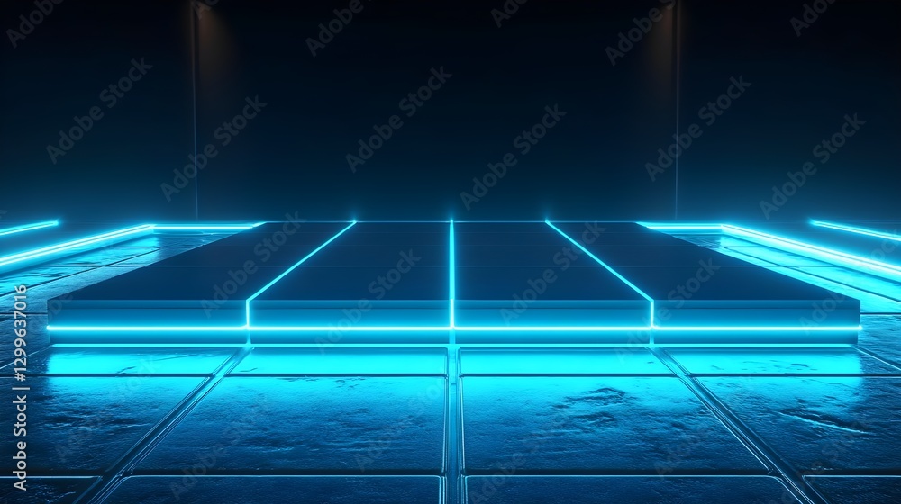 Obraz premium Futuristic Neon Stage Centered with Soft Blue Lighting in a Dark Environment