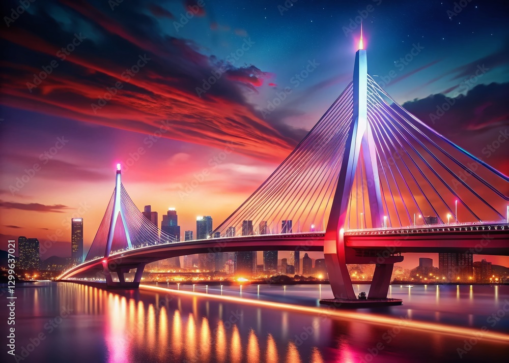 Fototapeta premium Osaka Tempozan Bridge Night View: Bokeh Lights, Cable-Stayed Design, Cityscape
