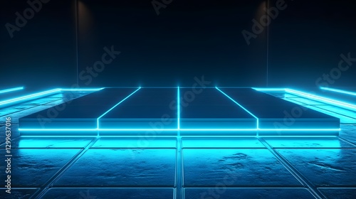 Futuristic Neon Stage Centered with Soft Blue Lighting in a Dark Environment