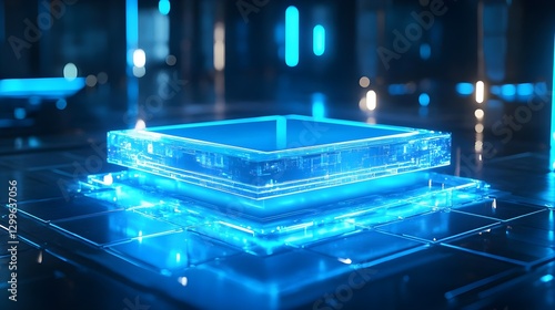 Futuristic Neon Blue Circuit Board Display with Glowing Elements in Modern Space
