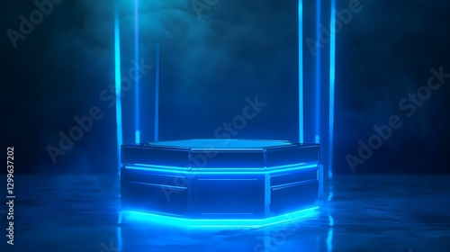 Futuristic Blue Neon Stage Design with Ambient Lighting for Events or Presentations