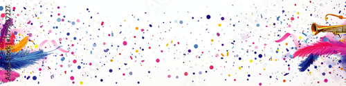Vibrant Carnival Celebration Vector Image with Colorful Feathers, Confetti, and Musical Trumpet Theme for Festive Party, Holiday Event, and Decor