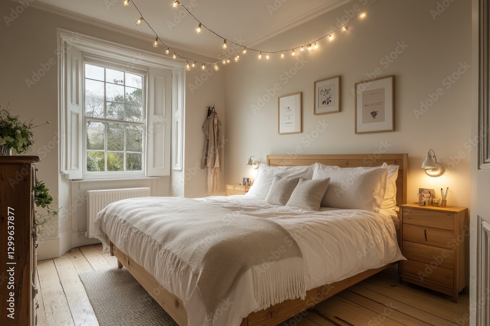 Cozy bedroom with wooden bed, string lights, and natural light. Cozy bedroom with wooden bed, string lights, and natural light.