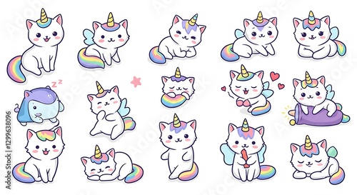 Cute Cartoon Unicorn Cats Stickers Adorable Kawaii Style Design