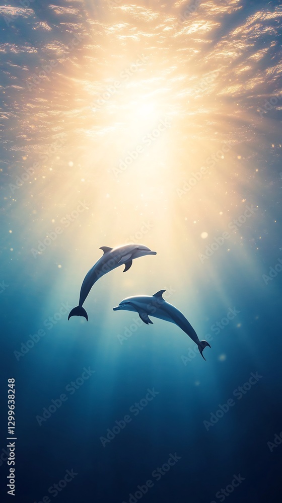 Fototapeta premium Dolphins swimming ocean soft blue gradient