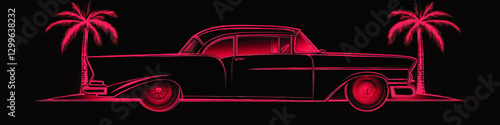 Retro Neon Vector Illustration of Classic Car with Palm Trees – Vintage Automotive Design in Vibrant Pink Hue for Retro Enthusiasts and Vector Art Lovers
