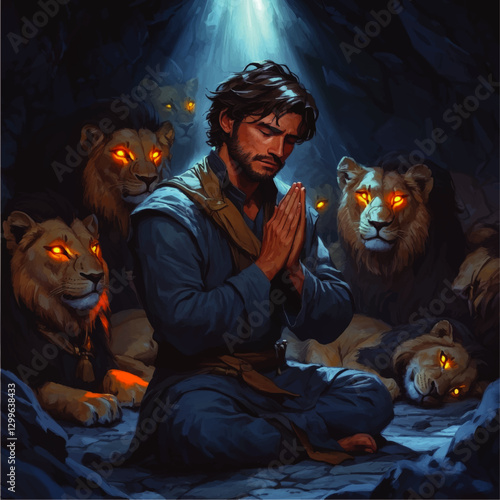 Mysterious Man Praying in Cave Surrounded by Glowing-Eyed Lions in Dramatic Lighting - Meditative Scene and Intriguing Wildlife Illustration